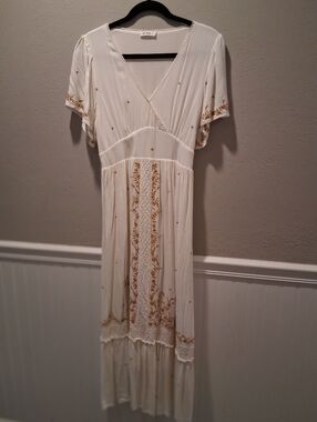 White Maxi Dress with Gold Embroidery
